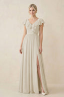 Cap Sleeve A-Line Ruffled Chiffon Bridesmaid Dress in Dove Gray - SHE IS ME BRIDESMAID DRESSES