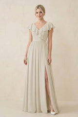 Cap Sleeve A-Line Ruffled Chiffon Bridesmaid Dress in Dove Gray - KISS BRIDAL BRIDESMAID DRESSES