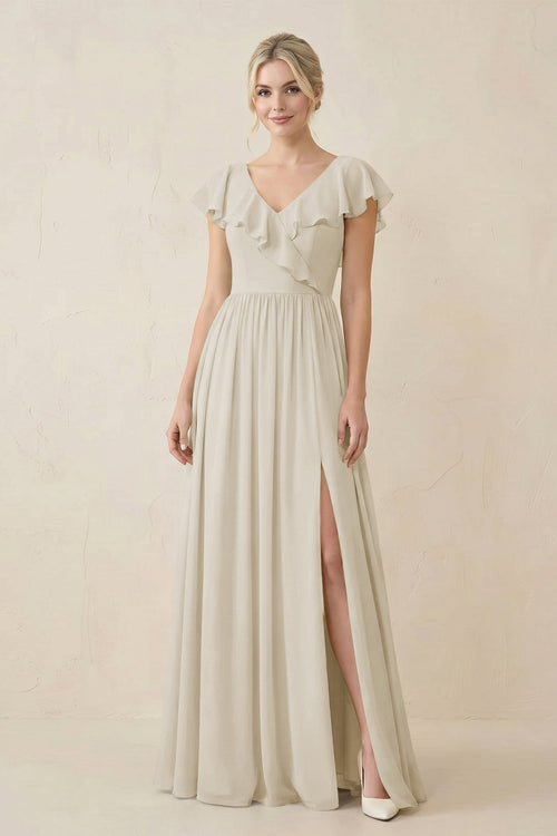 Cap Sleeve A-Line Ruffled Chiffon Bridesmaid Dress in Dove Gray - SHE IS ME BRIDESMAID DRESSES