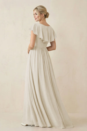 Cap Sleeve A-Line Ruffled Chiffon Bridesmaid Dress in Dove Gray - SHE IS ME BRIDESMAID DRESSES