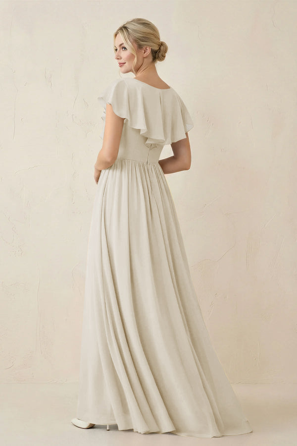 Cap Sleeve A-Line Ruffled Chiffon Bridesmaid Dress in Dove Gray - SHE IS ME BRIDESMAID DRESSES