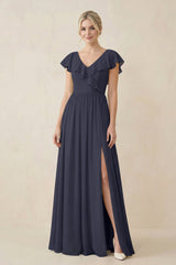 Cap Sleeve A-Line Ruffled Chiffon Bridesmaid Dress in Dusk Blue - KISS BRIDAL BRIDESMAID DRESSES
