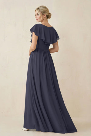 Cap Sleeve A-Line Ruffled Chiffon Bridesmaid Dress in Dusk Blue - SHE IS ME BRIDESMAID DRESSES
