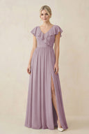 Cap Sleeve A-Line Ruffled Chiffon Bridesmaid Dress in Dusk - SHE IS ME BRIDESMAID DRESSES
