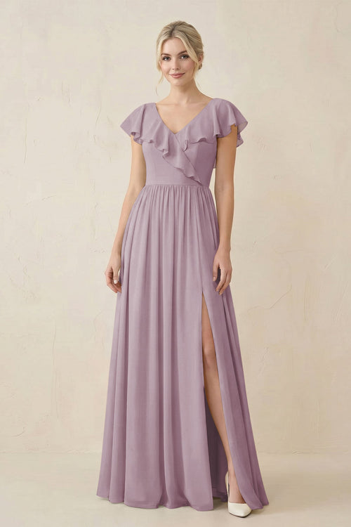 Cap Sleeve A-Line Ruffled Chiffon Bridesmaid Dress in Dusk - SHE IS ME BRIDESMAID DRESSES