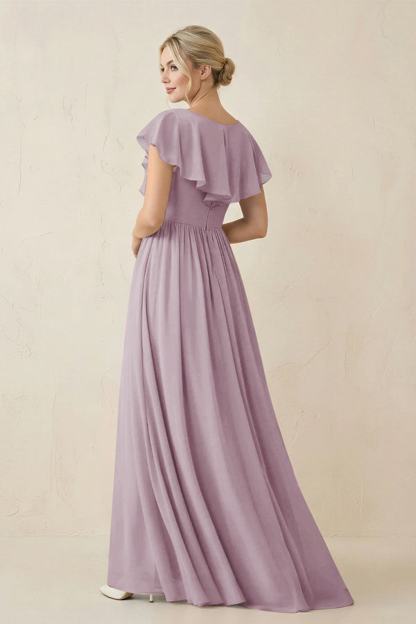 Cap Sleeve A-Line Ruffled Chiffon Bridesmaid Dress in Dusk - SHE IS ME BRIDESMAID DRESSES