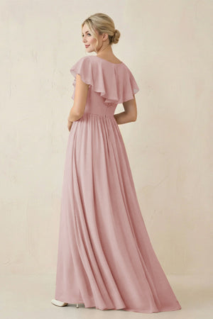 Cap Sleeve A-Line Ruffled Chiffon Bridesmaid Dress in Dusty Rose - SHE IS ME BRIDESMAID DRESSES