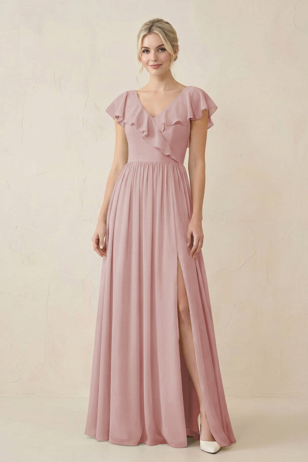 Cap Sleeve A-Line Ruffled Chiffon Bridesmaid Dress in Dusty Rose - KISS BRIDAL BRIDESMAID DRESSES