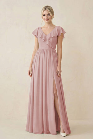 Cap Sleeve A-Line Ruffled Chiffon Bridesmaid Dress in Dusty Rose - SHE IS ME BRIDESMAID DRESSES
