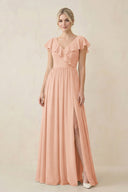 Cap Sleeve A-Line Ruffled Chiffon Bridesmaid Dress in English Rose - SHE IS ME BRIDESMAID DRESSES