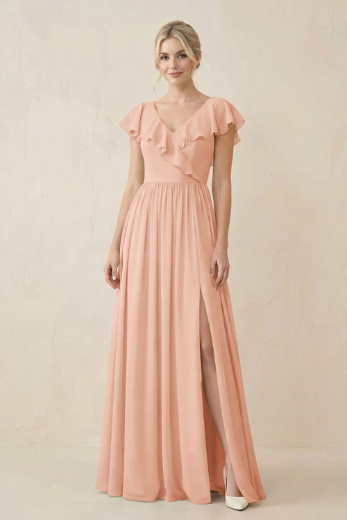 Cap Sleeve A-Line Ruffled Chiffon Bridesmaid Dress in English Rose - SHE IS ME BRIDESMAID DRESSES