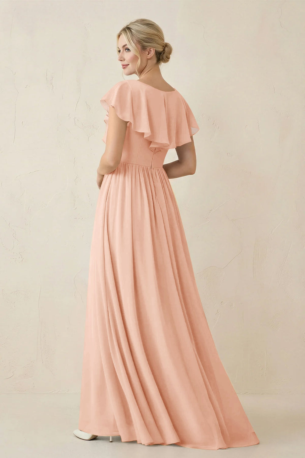Cap Sleeve A-Line Ruffled Chiffon Bridesmaid Dress in English Rose - KISS BRIDAL BRIDESMAID DRESSES