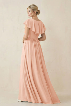 Cap Sleeve A-Line Ruffled Chiffon Bridesmaid Dress in English Rose - SHE IS ME BRIDESMAID DRESSES