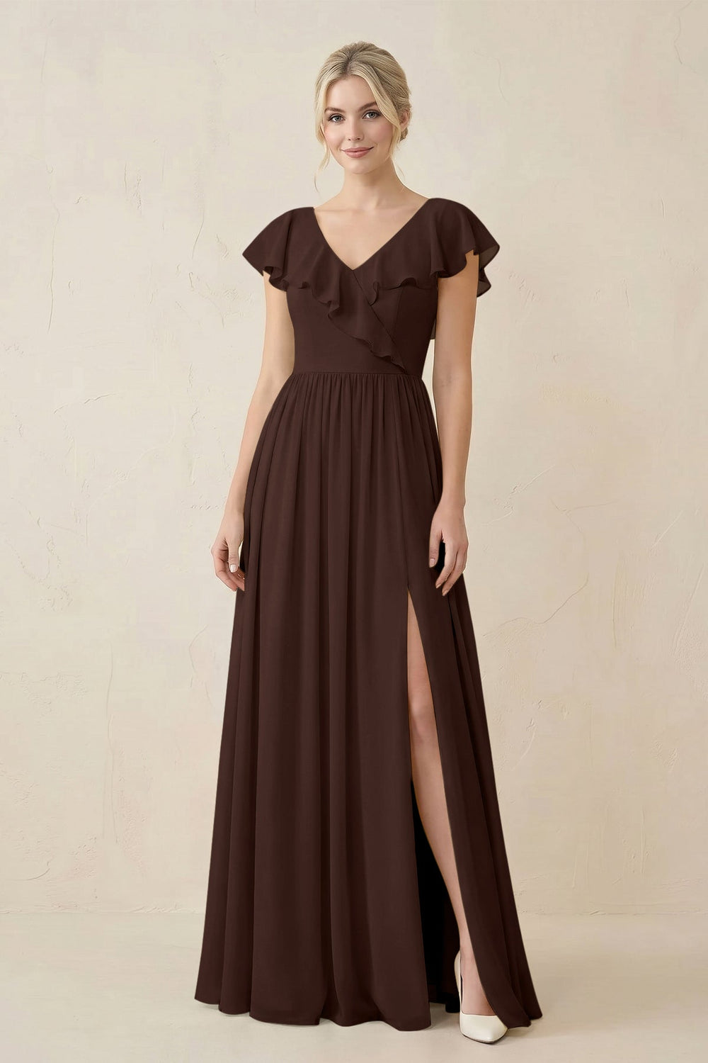 Cap Sleeve A-Line Ruffled Chiffon Bridesmaid Dress in Espresso - KISS BRIDAL BRIDESMAID DRESSES
