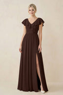 Cap Sleeve A-Line Ruffled Chiffon Bridesmaid Dress in Espresso - SHE IS ME BRIDESMAID DRESSES