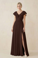 Cap Sleeve A-Line Ruffled Chiffon Bridesmaid Dress in Espresso - KISS BRIDAL BRIDESMAID DRESSES