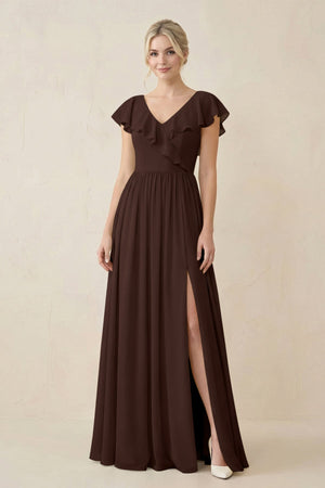 Cap Sleeve A-Line Ruffled Chiffon Bridesmaid Dress in Espresso - SHE IS ME BRIDESMAID DRESSES
