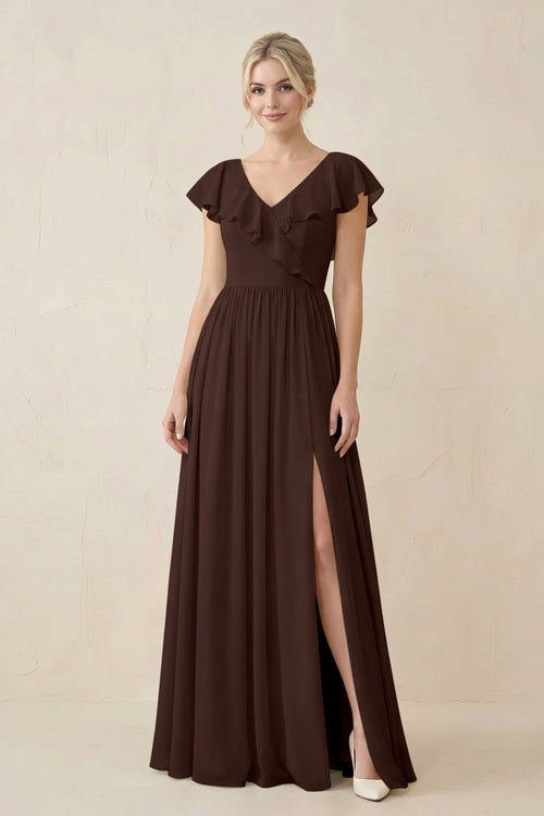 Cap Sleeve A-Line Ruffled Chiffon Bridesmaid Dress in Espresso - SHE IS ME BRIDESMAID DRESSES