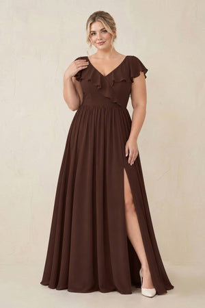 Cap Sleeve A-Line Ruffled Chiffon Bridesmaid Dress in Espresso [sizeplus] | KISSBRIDAL