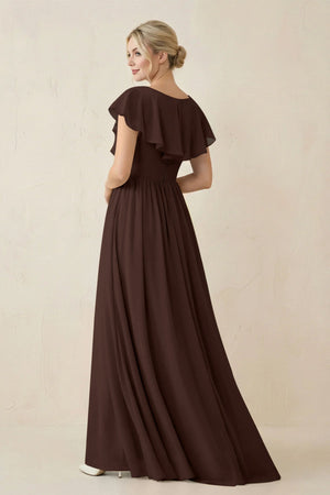 Cap Sleeve A-Line Ruffled Chiffon Bridesmaid Dress in Espresso - SHE IS ME BRIDESMAID DRESSES