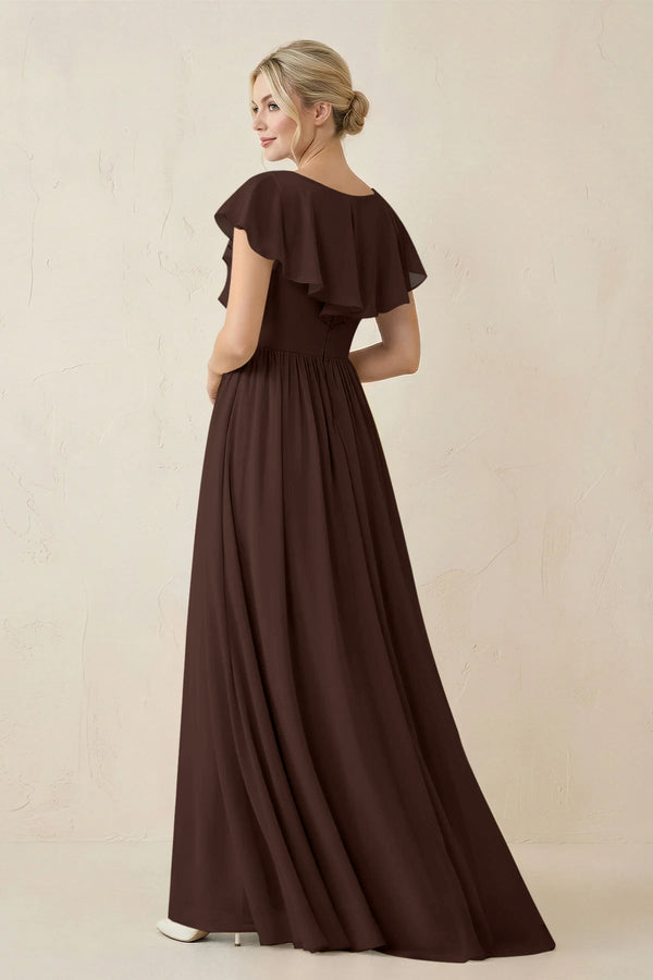 Cap Sleeve A-Line Ruffled Chiffon Bridesmaid Dress in Espresso - SHE IS ME BRIDESMAID DRESSES