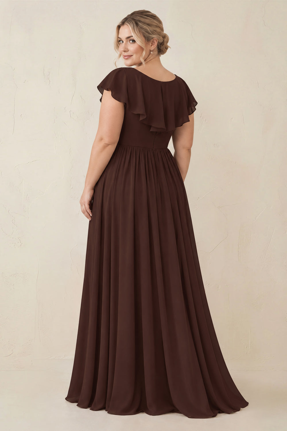 Cap Sleeve A-Line Ruffled Chiffon Bridesmaid Dress in Espresso