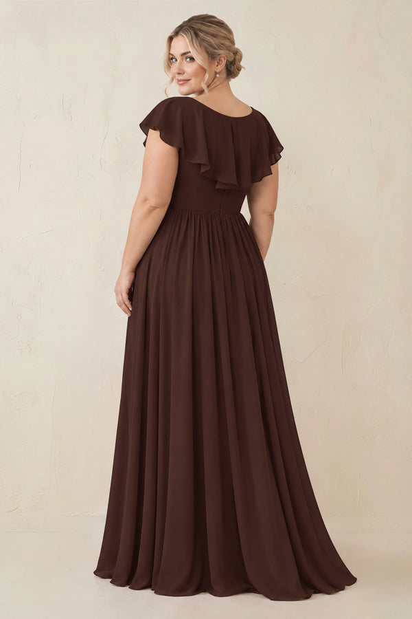 Cap Sleeve A-Line Ruffled Chiffon Bridesmaid Dress in Espresso [sizeplus] | KISSBRIDAL