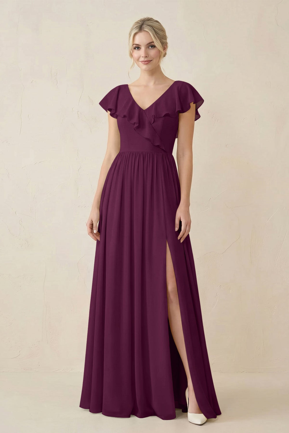 Cap Sleeve A-Line Ruffled Chiffon Bridesmaid Dress in Fig - KISS BRIDAL BRIDESMAID DRESSES