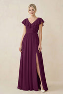 Cap Sleeve A-Line Ruffled Chiffon Bridesmaid Dress in Fig - SHE IS ME BRIDESMAID DRESSES