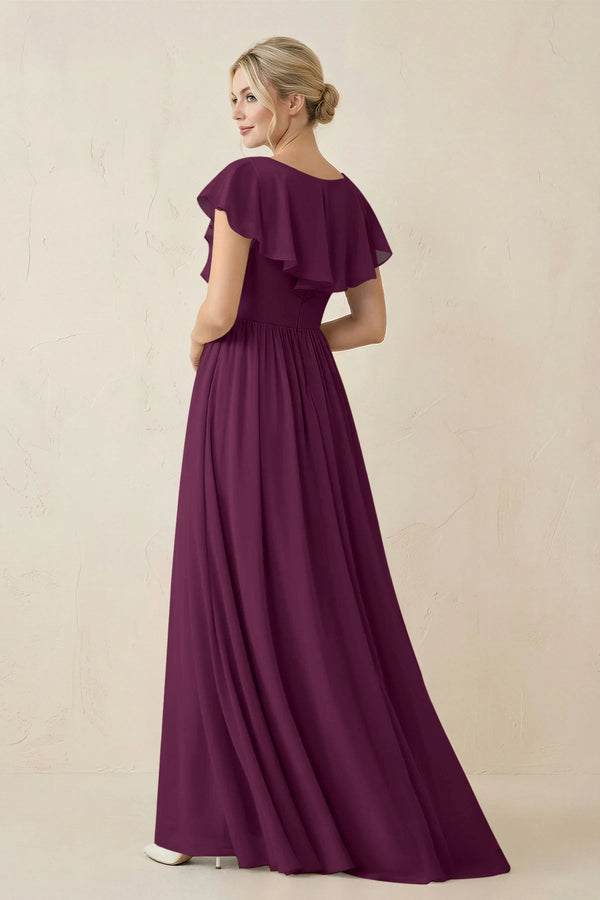 Cap Sleeve A-Line Ruffled Chiffon Bridesmaid Dress in Fig - SHE IS ME BRIDESMAID DRESSES
