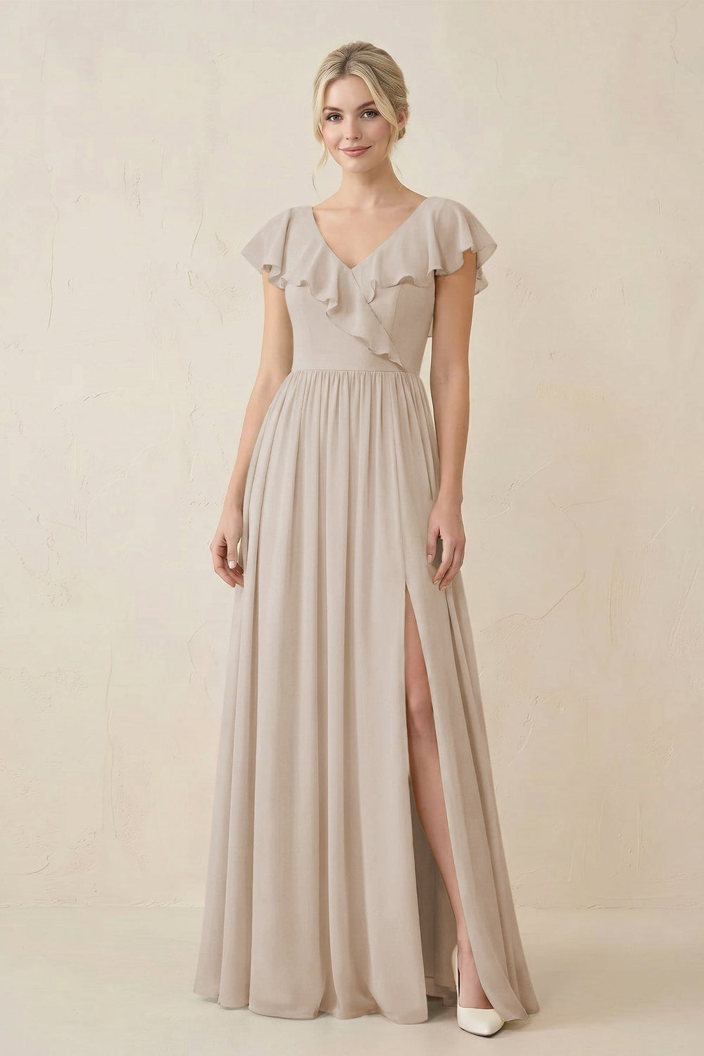 Cap Sleeve A-Line Ruffled Chiffon Bridesmaid Dress in Frost - KISS BRIDAL BRIDESMAID DRESSES