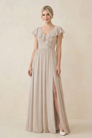 Cap Sleeve A-Line Ruffled Chiffon Bridesmaid Dress in Frost - SHE IS ME BRIDESMAID DRESSES