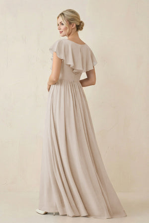 Cap Sleeve A-Line Ruffled Chiffon Bridesmaid Dress in Frost - SHE IS ME BRIDESMAID DRESSES