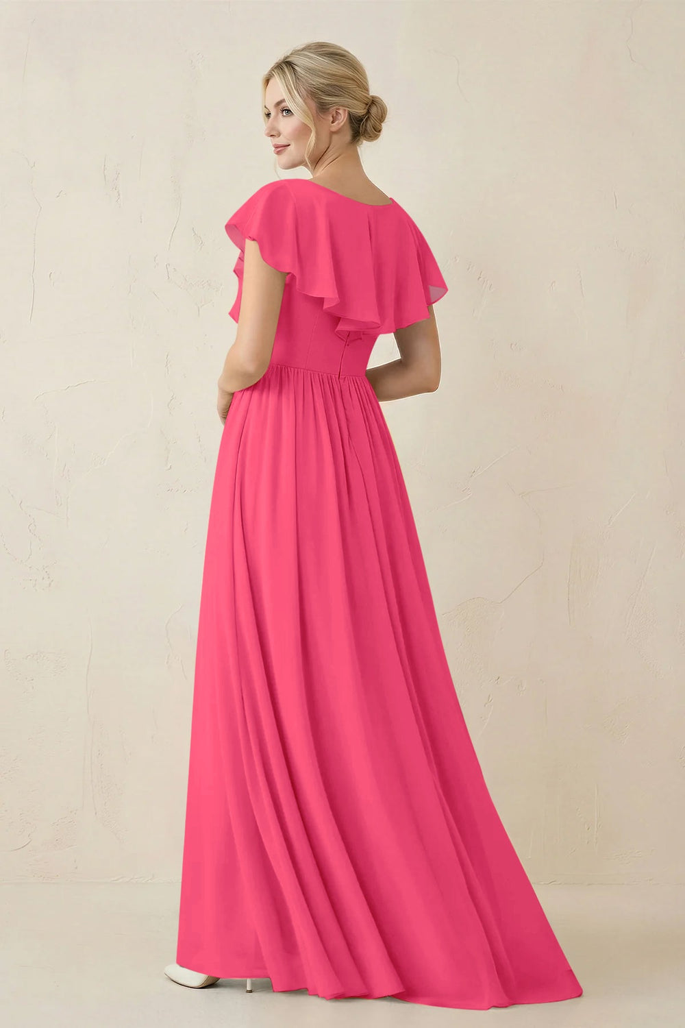 Cap Sleeve A-Line Ruffled Chiffon Bridesmaid Dress in Fuchsia - KISS BRIDAL BRIDESMAID DRESSES