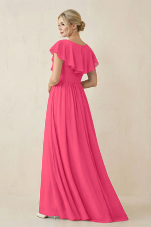Cap Sleeve A-Line Ruffled Chiffon Bridesmaid Dress in Fuchsia - SHE IS ME BRIDESMAID DRESSES