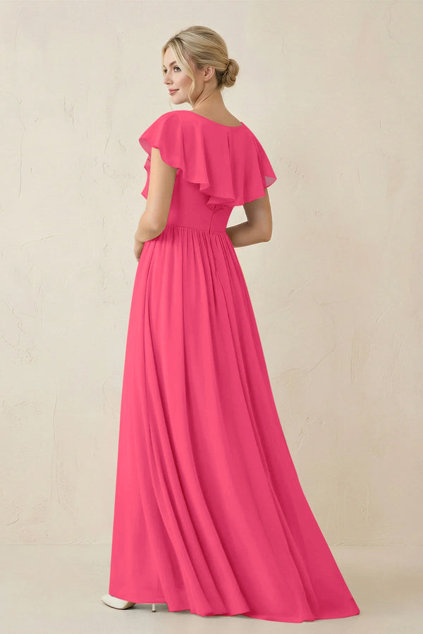 Cap Sleeve A-Line Ruffled Chiffon Bridesmaid Dress in Fuchsia - SHE IS ME BRIDESMAID DRESSES