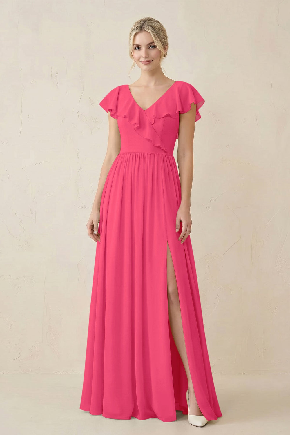 Cap Sleeve A-Line Ruffled Chiffon Bridesmaid Dress in Fuchsia - KISS BRIDAL BRIDESMAID DRESSES