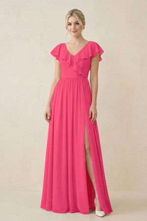 Cap Sleeve A-Line Ruffled Chiffon Bridesmaid Dress in Fuchsia - SHE IS ME BRIDESMAID DRESSES