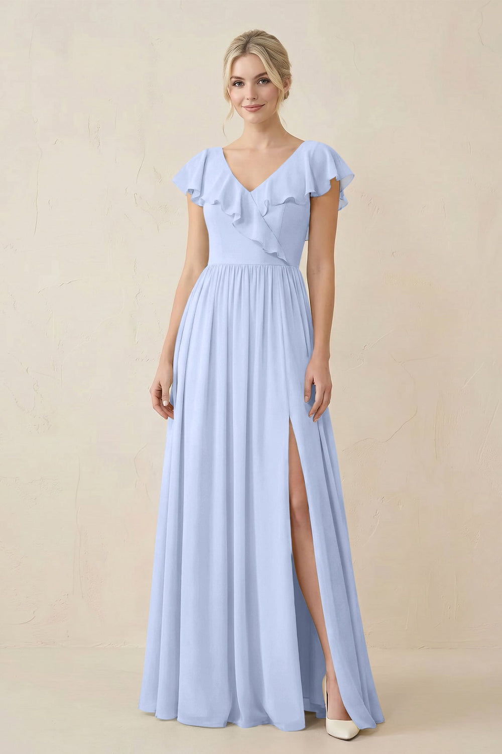 Cap Sleeve A-Line Ruffled Chiffon Bridesmaid Dress in Ice - KISS BRIDAL BRIDESMAID DRESSES