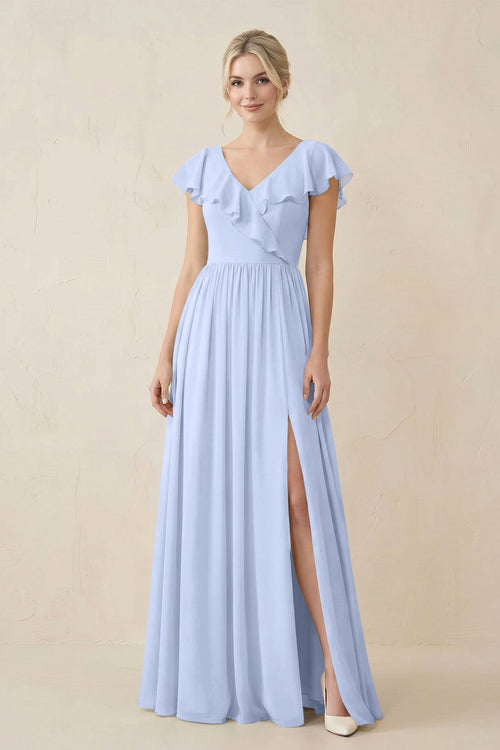 Cap Sleeve A-Line Ruffled Chiffon Bridesmaid Dress in Ice - SHE IS ME BRIDESMAID DRESSES