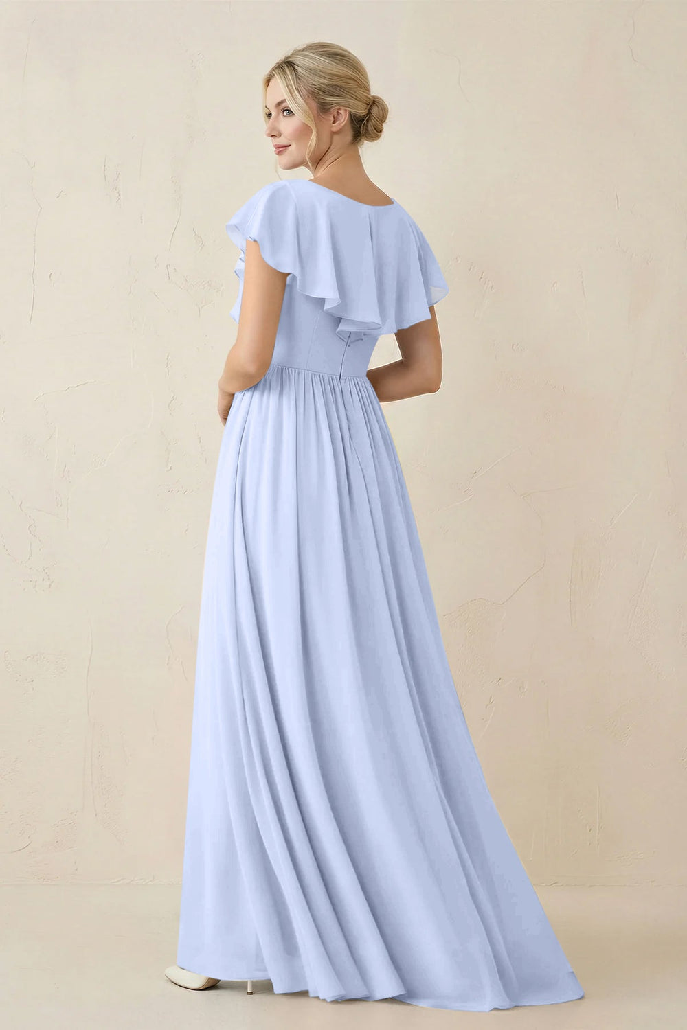 Cap Sleeve A-Line Ruffled Chiffon Bridesmaid Dress in Ice - KISS BRIDAL BRIDESMAID DRESSES