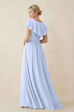 Cap Sleeve A-Line Ruffled Chiffon Bridesmaid Dress in Ice - SHE IS ME BRIDESMAID DRESSES