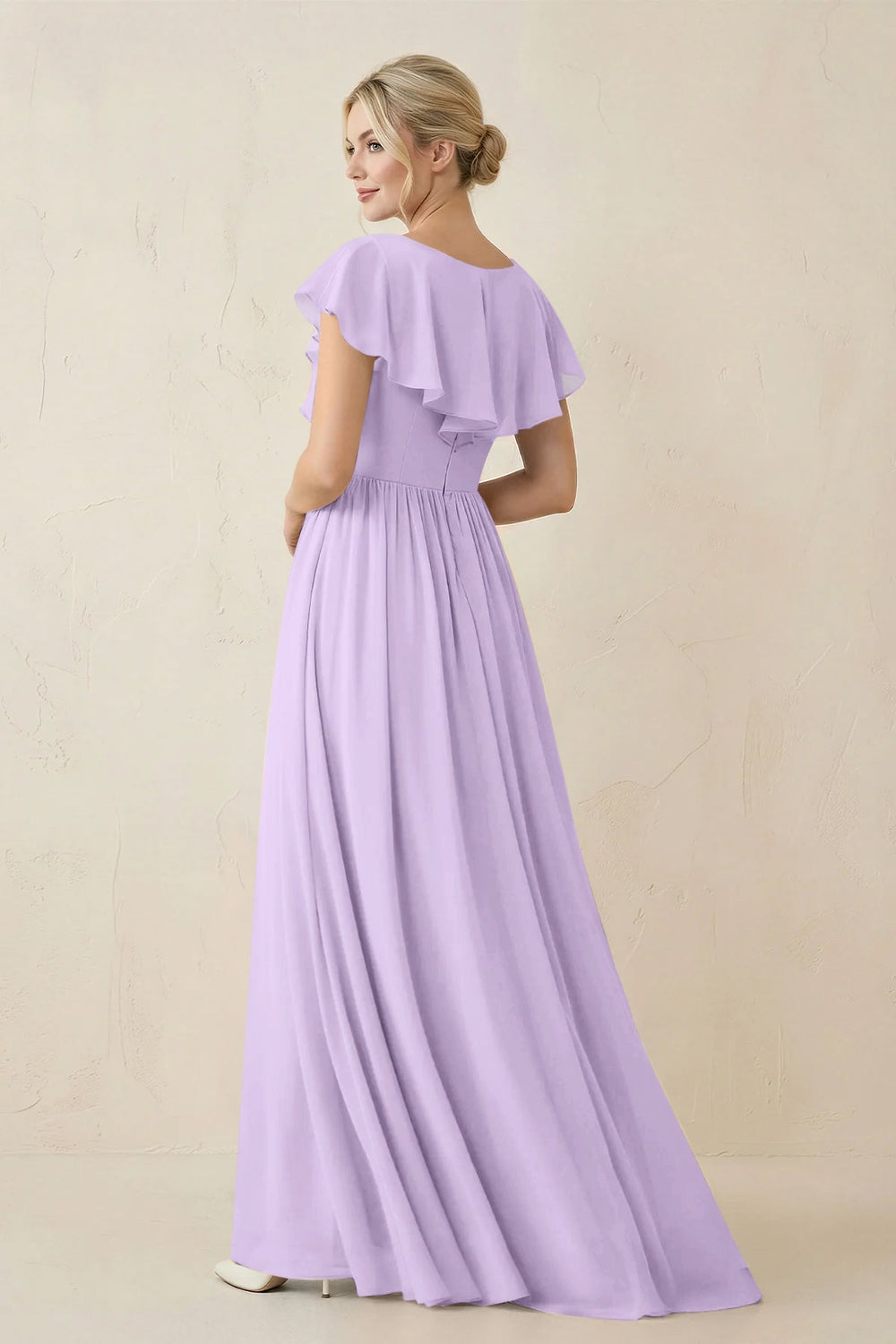 Cap Sleeve A-Line Ruffled Chiffon Bridesmaid Dress in Lavender - KISS BRIDAL BRIDESMAID DRESSES