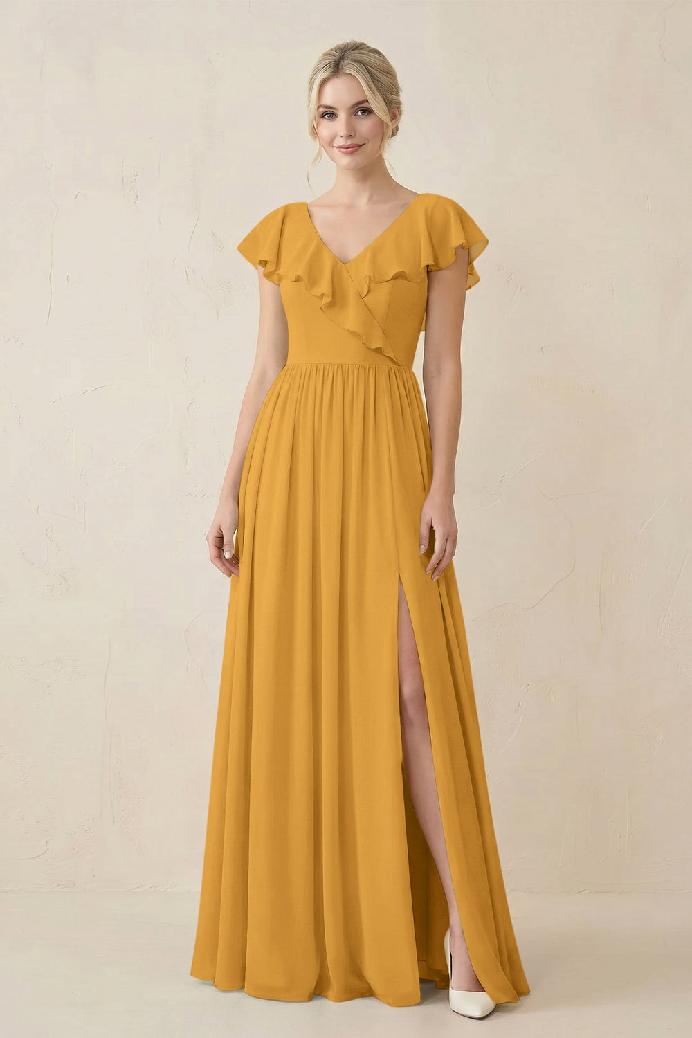 Cap Sleeve A-Line Ruffled Chiffon Bridesmaid Dress in Marigold - KISS BRIDAL BRIDESMAID DRESSES