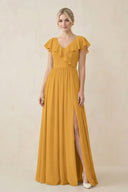 Cap Sleeve A-Line Ruffled Chiffon Bridesmaid Dress in Marigold - SHE IS ME BRIDESMAID DRESSES