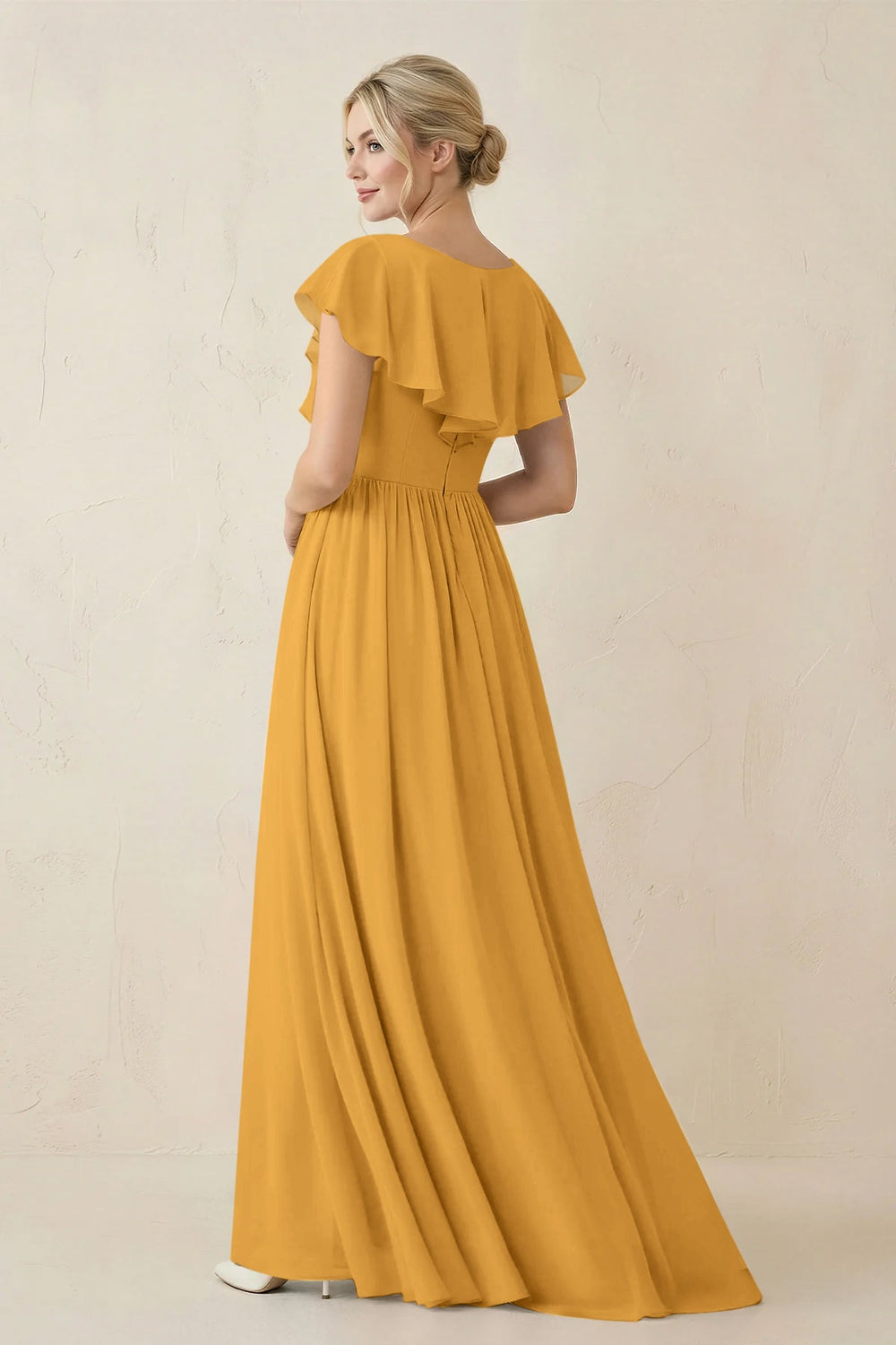 Cap Sleeve A-Line Ruffled Chiffon Bridesmaid Dress in Marigold - KISS BRIDAL BRIDESMAID DRESSES