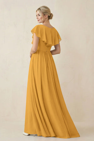 Cap Sleeve A-Line Ruffled Chiffon Bridesmaid Dress in Marigold - SHE IS ME BRIDESMAID DRESSES