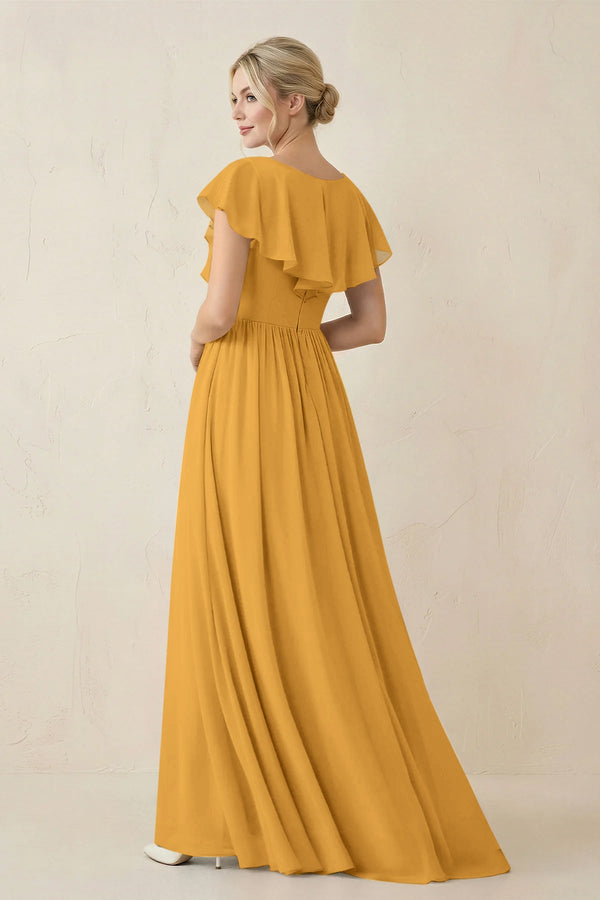 Cap Sleeve A-Line Ruffled Chiffon Bridesmaid Dress in Marigold - SHE IS ME BRIDESMAID DRESSES