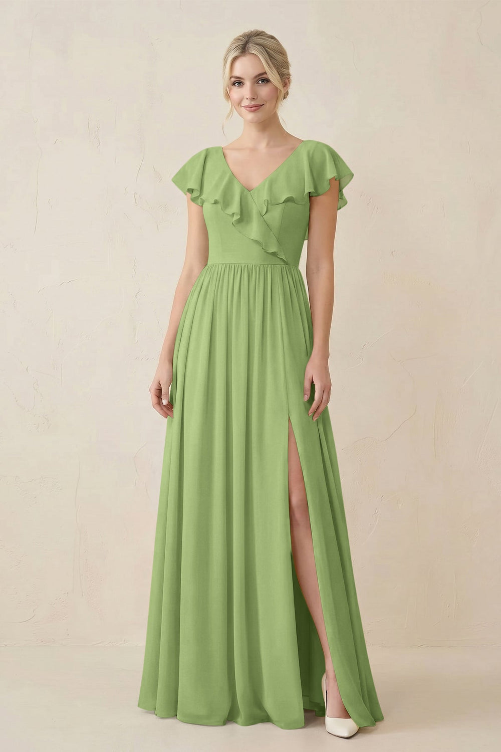 Cap Sleeve A-Line Ruffled Chiffon Bridesmaid Dress in Matcha - KISS BRIDAL BRIDESMAID DRESSES