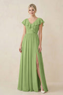 Cap Sleeve A-Line Ruffled Chiffon Bridesmaid Dress in Matcha - SHE IS ME BRIDESMAID DRESSES